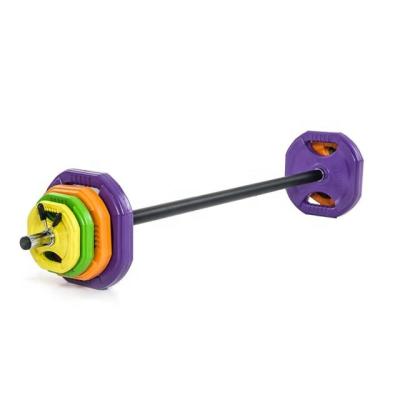 China Universal Full Color Three-Hole Coating Rubber Hand Grip Body Pump Barbell Plates With Bar for sale