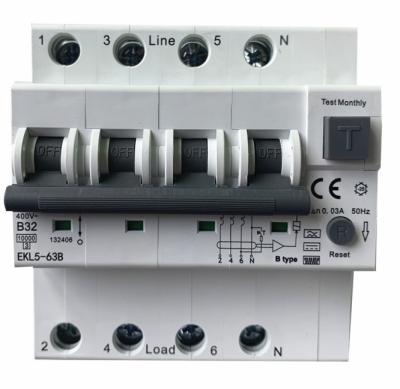 China EKL5-63B 40Amp 63A Type B RCBO B32 400V 30mA MCB Circuit Breaker for sale