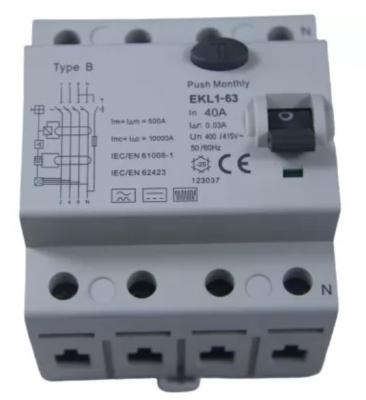 China Elektromagnetische IP20-Type B Rcd Breker voor EV-Lader 4P 415V Te koop