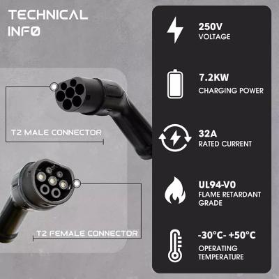 China Single Phase Level 2 Connector Chargers Gun Type 2 To Type 2 Ev Charging Cable 32a for sale