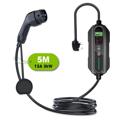 中国 Type 2 Portable EV Charger 6A - 13A Variable 3kW 5 Metre UK 3 Pin Plug 販売のため