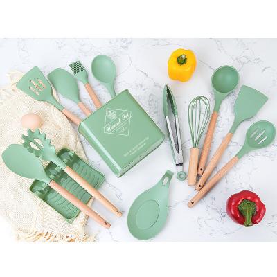 China 12pcs Silicone Heat Resistant Non-stick Handle Winox Nylon Kitchen Utensils Customizable Wooden Wholesale Viable Logo Cooking for sale