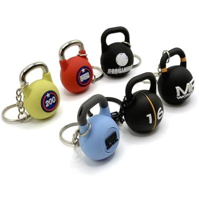 China Promotion gift factory custom mini kettlebell model 3D rubber key chain PVC barbell customized key chain for sale