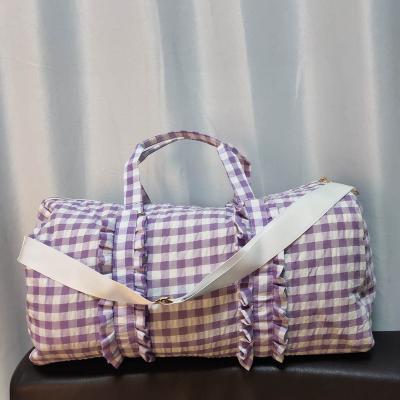 China New Style Preppy Design Overnight Bag Personalized Striped Seersucker Cotton Baby Pink Purple Weekender Travel Gift Bag DOM1171956 for sale