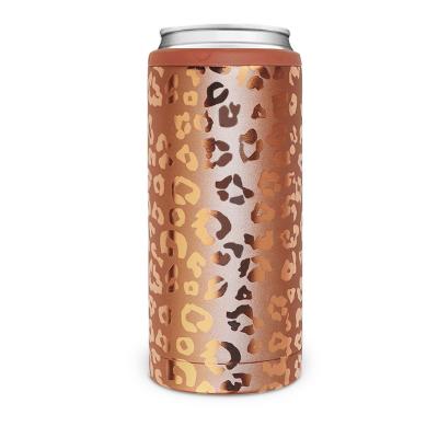 China Viable 12 Ounce Gold Leopard Print Stainless Steel Tumbler Cup Skinny Can Cooler With Lid DOM111-1175 for sale