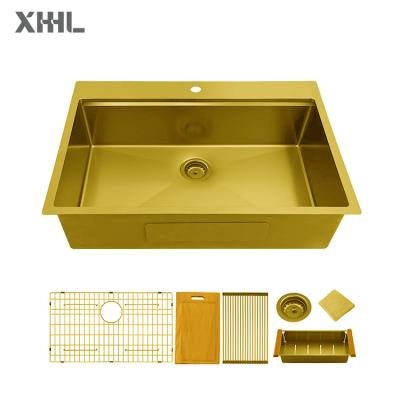 China Without Faucet Kichen sink Factory Gold Kitchen Workstation Built-in layer Topmount Single Bowl Sink for sale