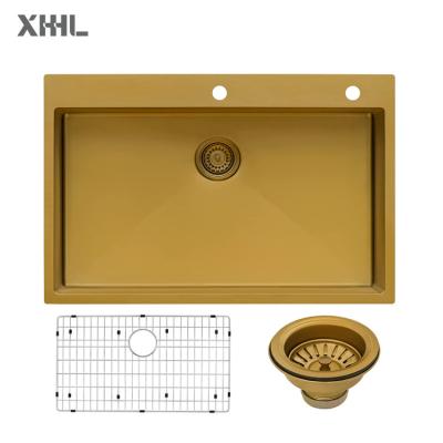 China Without Faucet Single Bowl Handmade Kitchen Sink Gold Topmount Kitchen Workstation Sink with accessories for sale