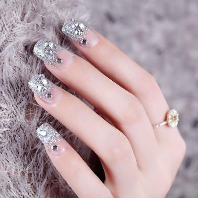 China Silver Brides 3d Instant Nails Square Design Powder Head Fake Nails Press On Back Full Cover Design Stick False Finger Nail Tips for sale