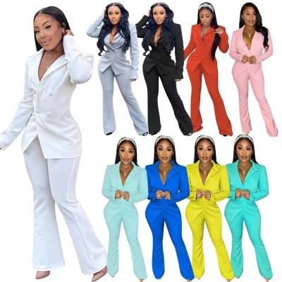 China 2022 Fashion Colorful Casual Stylish Office Flare Blazer Ladies Breathable Matching Sets Pants 2 Piece Outfits Fall Women Two Piece Set for sale