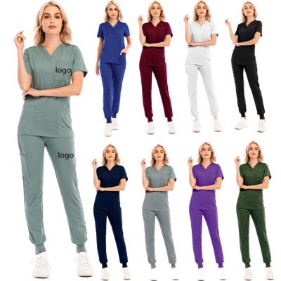 China New Hospital Sports And Leisure Jogging Pants For Nurse Solid Short Uniform Suit Pocket V-Neck Color Women Cotton Jogging Pants for sale