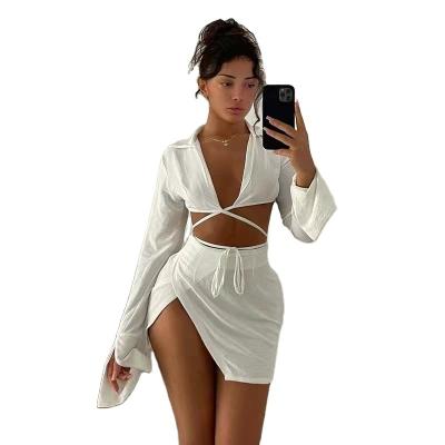 China Breathable Sexy Two Piece Set Crop Cardigan Skirt Autumn Top Clothes For Women Clubwear Long Sleeve Dress Suits for sale