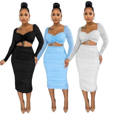 China 2021 Autumn Women New Arrival White Ribbed V-Neck Long Sleeve Bodycon Club Long Sleeve Casual Wear Set Breathable Two-Piece Party for sale