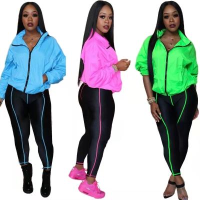 China Breathable Contrast Color Sport Wear Jacket Neon Coat And Long Gaiters Pants 2 Piece Set Women Sports Clothing for sale