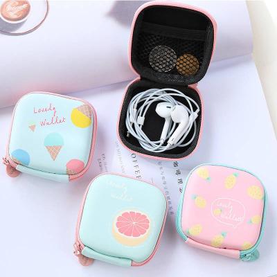 China Fashion Data Line Portable Mini Fruit Pattern Square Pu Leather Coin Purse Charger Earphone Storage Bag for sale