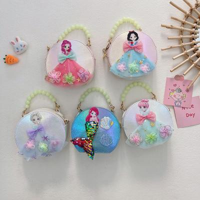 China PU Leather Applique Shoulder Bags Waterproof Cute Round Princess Shape Kids Cartoon Cross - Body Bag With Chain for sale