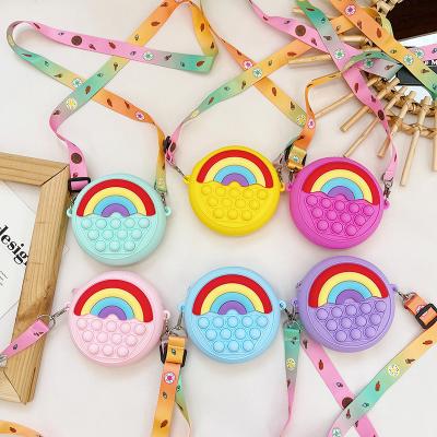 China Adults Children Cute Relaxation Toys Cartoon Silicone Busy Person Purse Bag Adjustable Colorful Rainbow Busy Person Round Shoulder Bag for sale