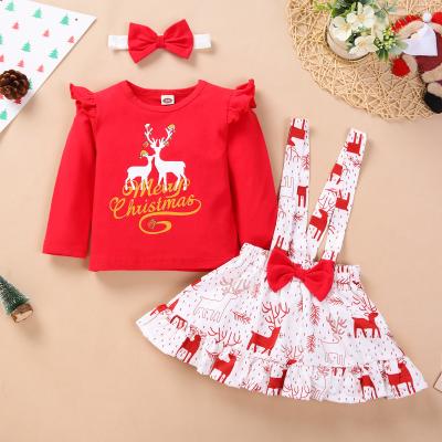 China Girls Casual Skirt and Top Set Baby Christmas Elk Flying Sleeve Romper Strap Dress Kids Clothes Girls Sets for sale