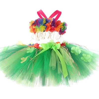 China Breathable Hawaii Beach Style Kids Clothes Green Short Girl Dress Sets Flower Girl Summer Dress With Headdress for sale