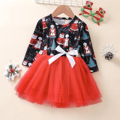 China Breathable Christmas Kids Clothing Patchwork Tulle Princess Printing Casual Wear Girls Dress for sale