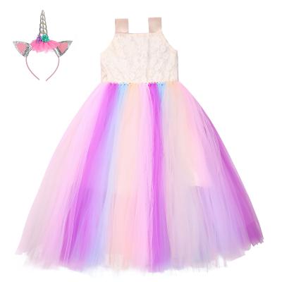 China New Designed Anti-wrinkle Child Birthday Dress Up Dresses Lace Up Long Fluffy Girl Tutu Princess Dress With Headband for sale