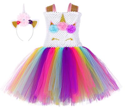 China 2022 Spring Girl Birthday Unicorn Theme Party Children Sleeveless Rainbow Tulle Tutu Dress Breathable With Headband for sale