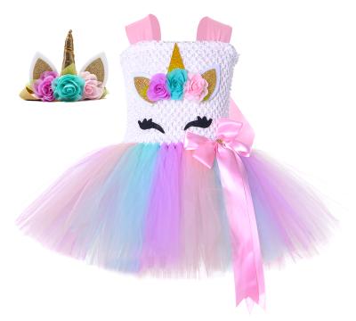 China Lovely Anti-wrinkle Children Clothes Colorful Birthday Party Wear Unicorn Girls Tutu Dress With Headband for sale