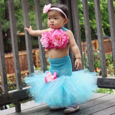 China Anti-wrinkle 2-12 years old handmade siren party girl mermaid tutu dress blue for kids with headband for sale