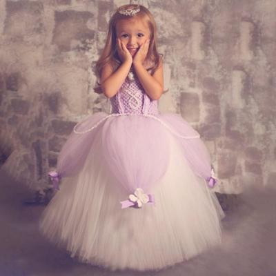 China Hot Selling Fluffy Purple Breathable Sophia Tulle Princess Dress Sleeveless Girl Tutu Dresses Long for sale