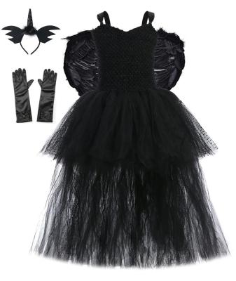 China Breathable Personality Angel Kids Costume Black Color Wing Head Band Halloween Tutu Dress Sets For Girls for sale