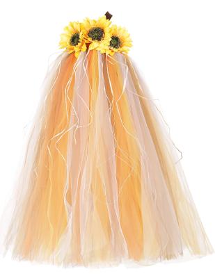 China High Quality Breathable Thanksgiving Day Sunflower Bridesmaid Style Long Fluffy Tulle Kids Princess Dress for sale