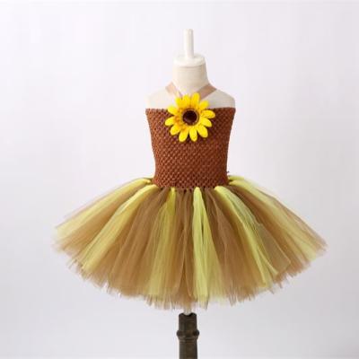 China 2021 Thanksgiving Party Skirt Sunflower Sleeveless Popular Bridesmaid Hand Knitted Tutu Dress With Headband for sale