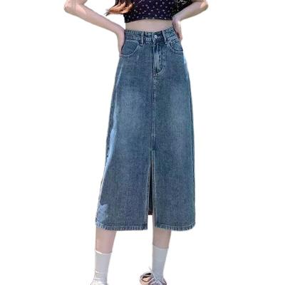 China Spring One-Word Small Package Hip Length Skirt Breathable 2023 New Women's High-waisted Denim Skirt Split And Crotch Cover Summer New for sale