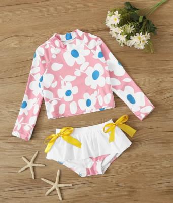 China Two Pieces Anti-UV Floral Printed Girl's Swimwear UPF50+ 2020 Long Sleeve Ruffled Bottom Kids Swimsuit Rash Guard for sale