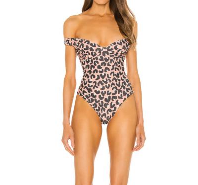 China Custom Anti-UV Sublimation Printing One Piece Swimwear Off The Shoulder Leopard Swimwear High Cut Bathing Suit* for sale