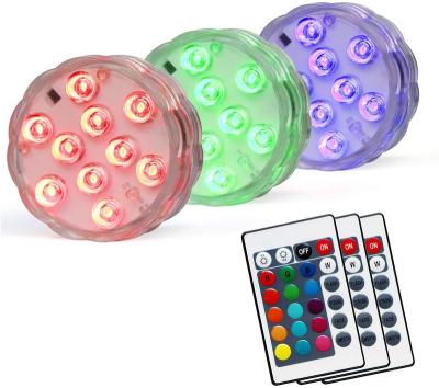 China Waterproof 10 LED Bottom Water Battery Operated Remote Control Submersible Led Lights For Fountains for sale