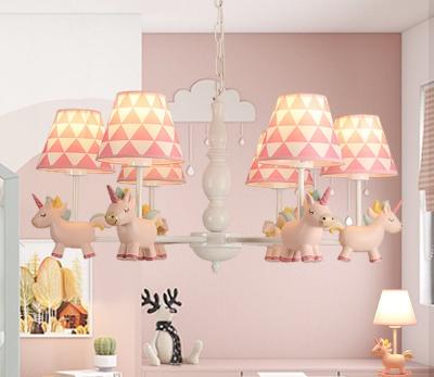 China Modern Creative Princess Pink Wooden Chandelier Kids Unicorn Horse Room Girl Pendant Light for Children for sale