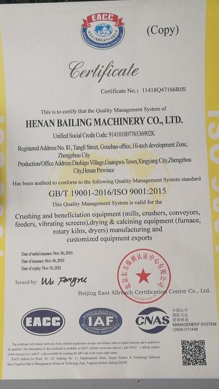 ISO9001 - Henan Bailing Machinery Co., Ltd.