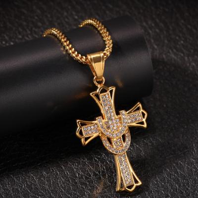 China Hiphop Stainless Steel Rhinestone Cross Pendant Necklace Trendy Men's Hip Hop Jewelry for sale