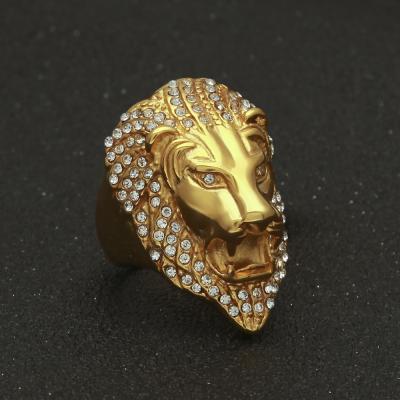 China Hip Hop Men's Stainless Steel Ring Plating Color Preserving Diamond Lion Big Ring for sale