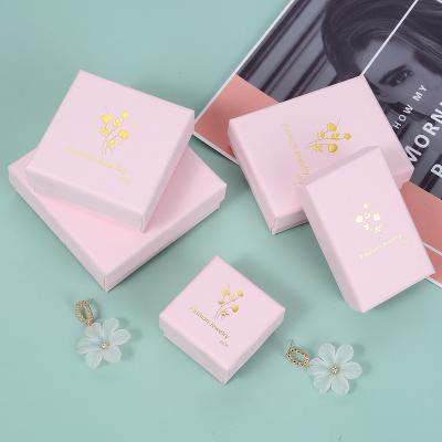 China Jewelry Box Rose Gold Pendant Box Necklace Bracelet Ring Earring Box Pink Paper Gold Stamp Set for sale