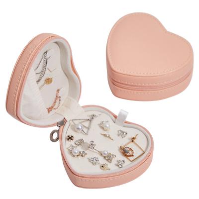 China Sustainable Heart Shape PU Material Necklace Ring Earring Portable Jewelry Box Jewelry Storage Box for sale