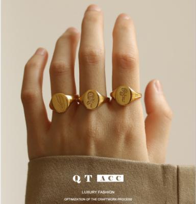 China Hot Selling Seal Real Brass Gold Plated Round Seal Ring Simple Fashion Temperament Sun Flower Ring For Women for sale