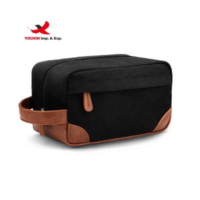 China Durable Custom Canvas Travel Makeup Bag Portable Mens Toiletry Bag Makeup Cosmetic Zipper Bag With PU Leather Handle for sale