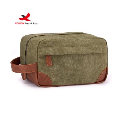 China Wholesale Travel Durable Men's Toiletry Bag Canvas Makeup Organizer Cosmetic Bag With PU Leather Handle for sale