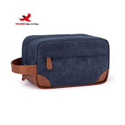 China Durable Canvas Bag Travel Toiletry Bag Portable Cosmetic Pouch Pack Pouch Cosmetic Bag with PU Leather Handle for sale