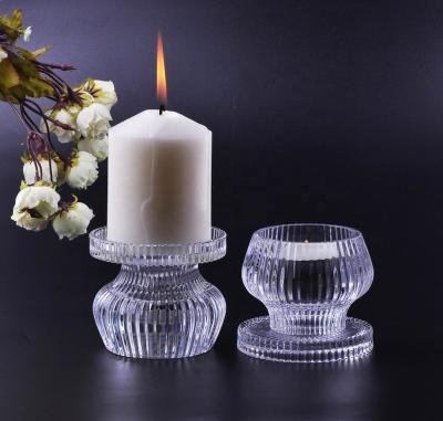 China Morden and classic striped 2 in 1 pillar and t-light glass candlestick for daily use and party wear for sale