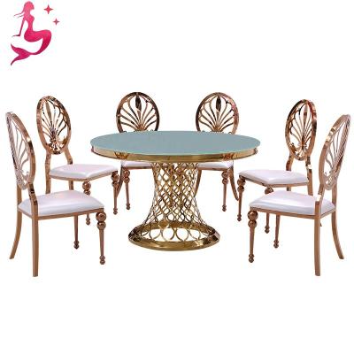 China Foshan Factory Direct Selling Gold Galss Stainless Steel Modern Tempered Event Table Round Wedding Table for sale