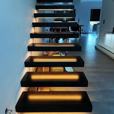 China Diy Modern Metal Hidden Light Tread Luxury Led Floating Staircase Stringer Beam Straight Staircase Apartment Staircase Installation Design for sale