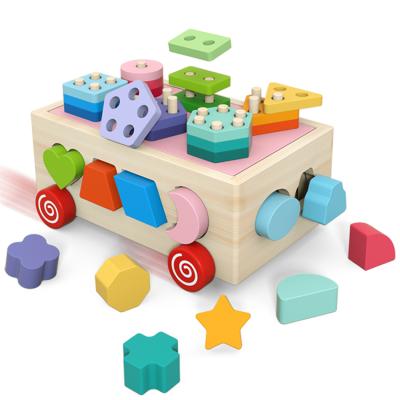 China Wholesale Custom Detachable ECO Cartoon Educational Box Blocks Matching Shape Sorter Wooden Toy for sale