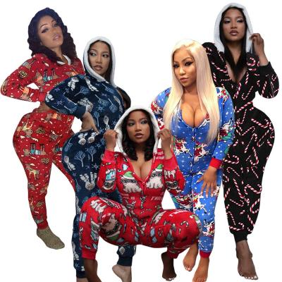 China QUICK DRY One Piece Hooded Sleepwear For Women Christmas Pajamas Overalls Lightweight Comfortable Soft Sexy Printed Rompers for sale